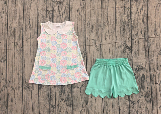 preorder Samples GSSO3632 Flowers Sleeveless Mint Green Shorts Girls Set