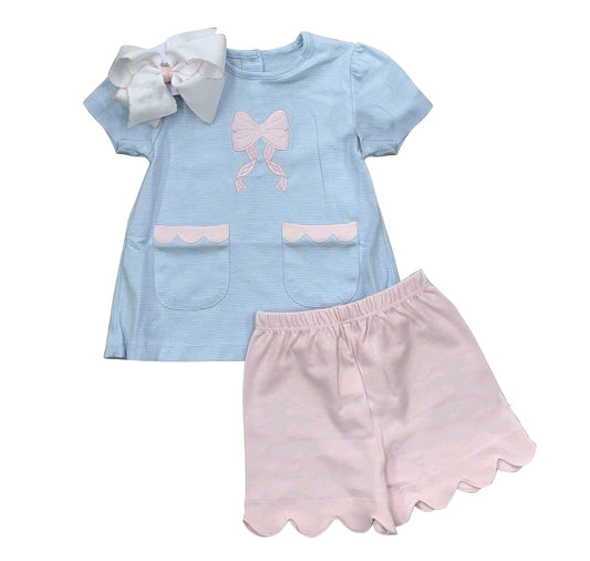 preorder GSSO3633 Pink Bow Blue Striped Short Sleeve Pink Shorts Girls Set
