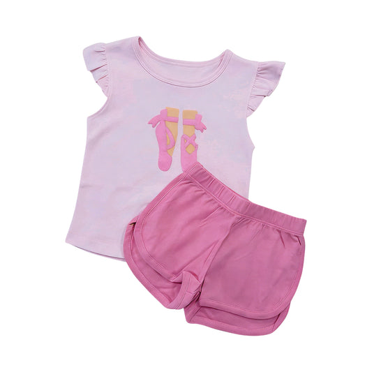 preorder GSSO3634 Dance Shoe Pink Flutter Sleeve Hot Pink Shorts Girls Set