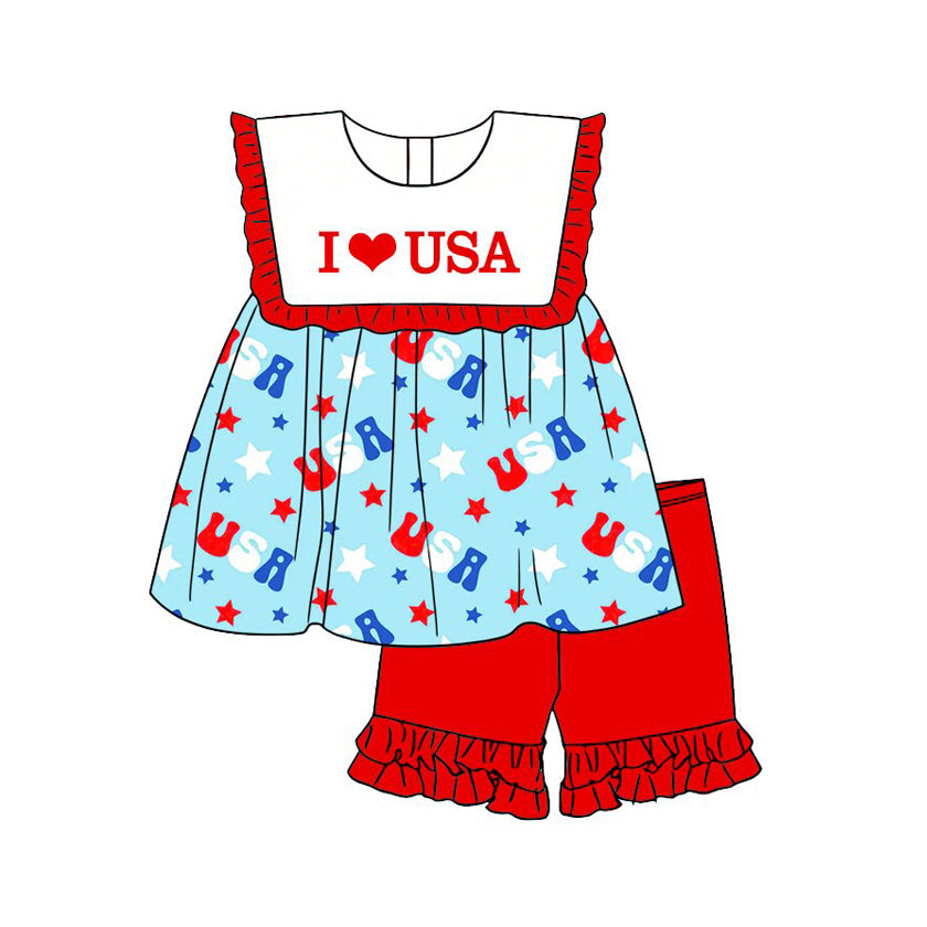 preorder GSSO3637 July 4th I Love USA Sleeveless Red Shorts Girls Set