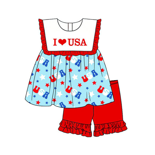 preorder GSSO3637 July 4th I Love USA Sleeveless Red Shorts Girls Set