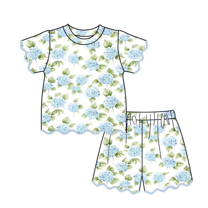 preorder GSSO3642 Scallop Blue Flowers Short Sleeve Shorts Girls Set
