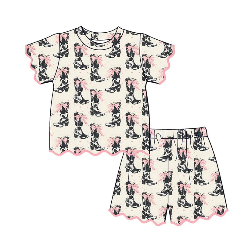 preorder GSSO3644 Scallop Boots Bows Short Sleeve Shorts Girls Set