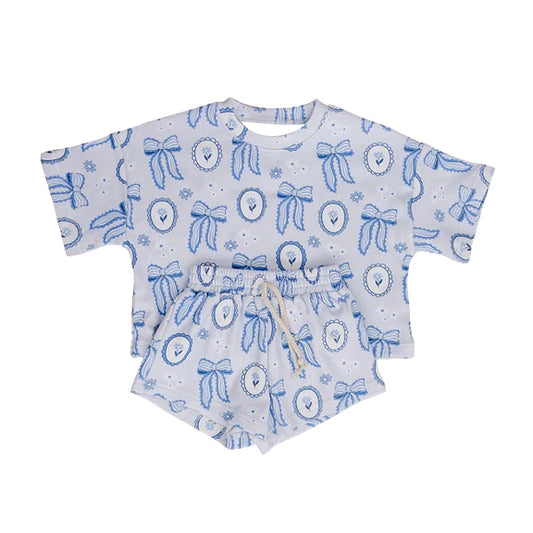 preorder GSSO3646 Blue Flowers Bows Short Sleeve Shorts Girls Set