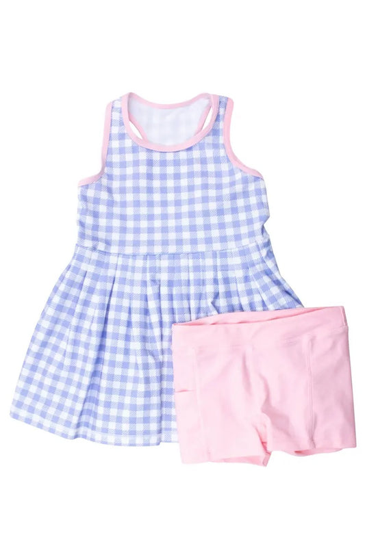 preorder GSSO3658 Blue Checkered Sleeveless Pink Shorts Girls Set