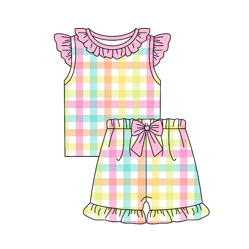 preorder GSSO3660 Colorful Striped Yellow Flutter Sleeve Shorts Girls Set
