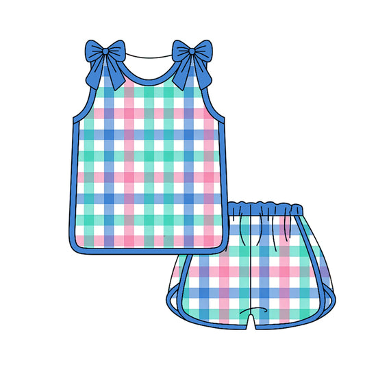 preorder GSSO3661 Colorful Striped Blue Sleeveless Shorts Girls Set