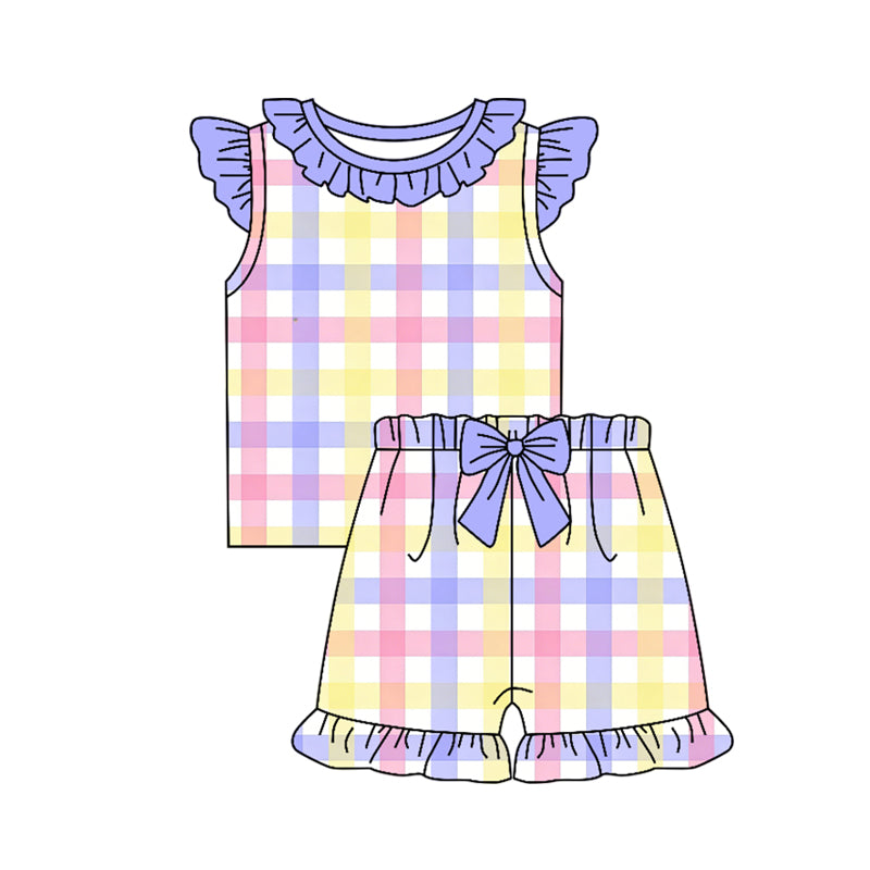 preorder GSSO3664 Colorful Striped Purple Flutter Sleeve Shorts Girls Set