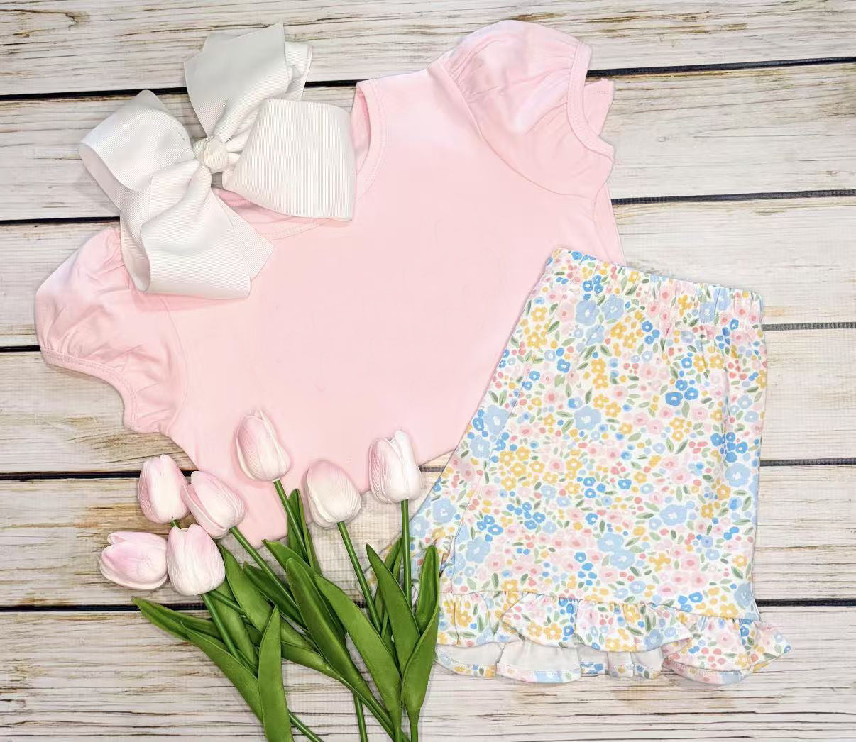 preorder GSSO3665 Pink Short Sleeve Colorful Flowers Leopard Shorts Girls Set