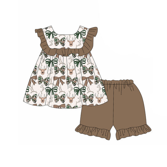 preorder GSSO3666 Camo Bow Deer Flutter Sleeve Brown Shorts Girls Set