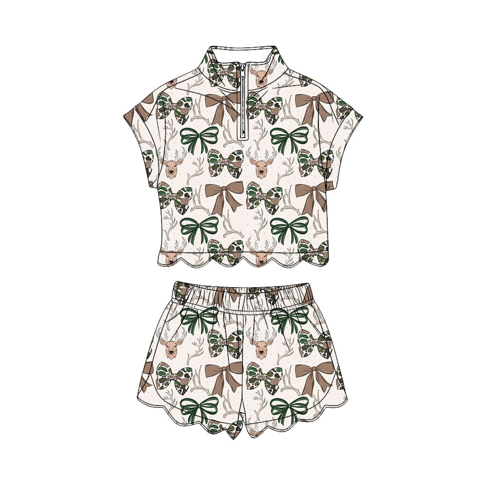 preorder GSSO3668 Scallop Camo Bows Deer Zipper Short Sleeve Shorts Girls Set