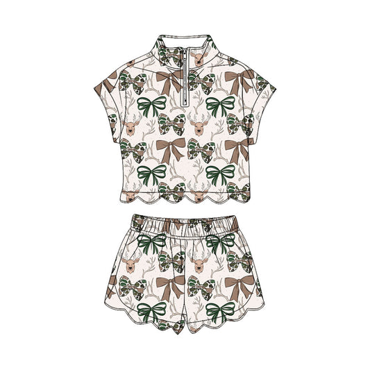 preorder GSSO3668 Scallop Camo Bows Deer Zipper Short Sleeve Shorts Girls Set