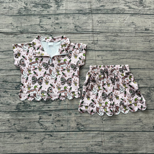 preorder Samples GSSO3669 Scallop Camo Bows Mallard Zipper Short Sleeve Shorts Girls Set