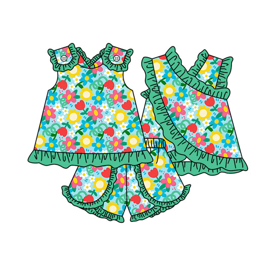 preorder GSSO3674 Colorful Flowers Green Sleeveless Shorts Girls Set