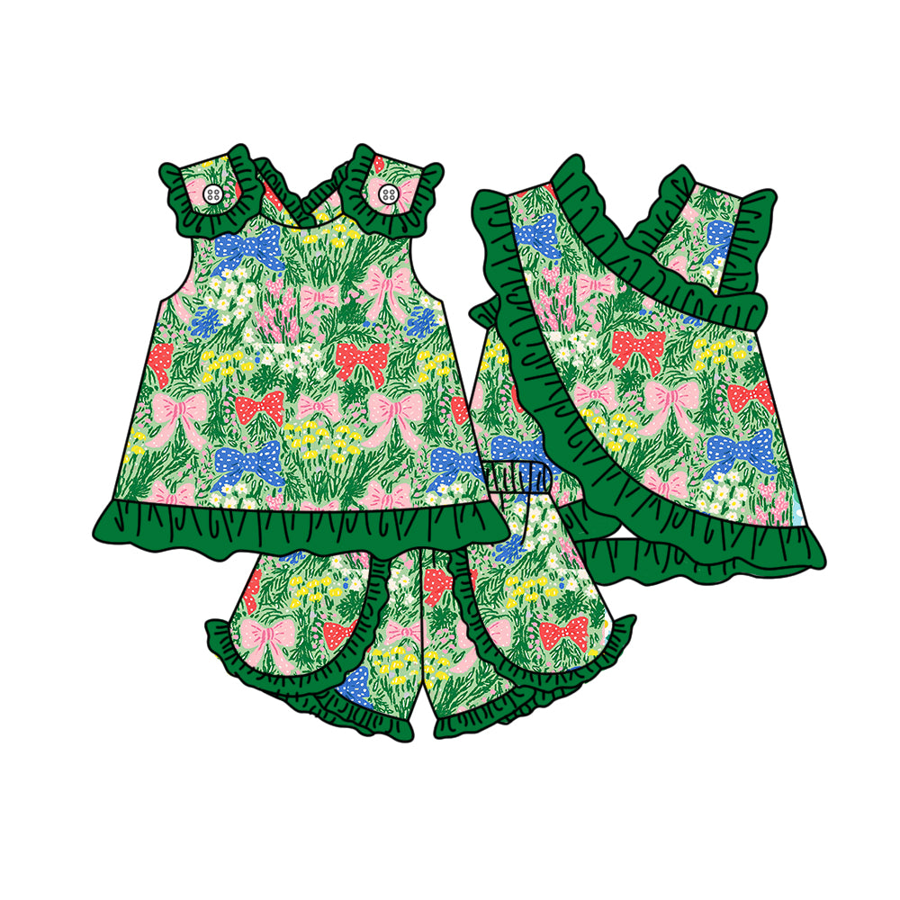 preorder GSSO3675 Colorful Bows Green Sleeveless Shorts Girls Set