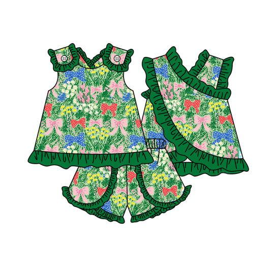 preorder GSSO3675 Colorful Bows Green Sleeveless Shorts Girls Set