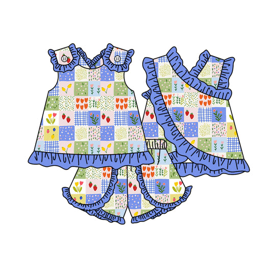 preorder GSSO3678 Flowers Blue Sleeveless Shorts Girls Set