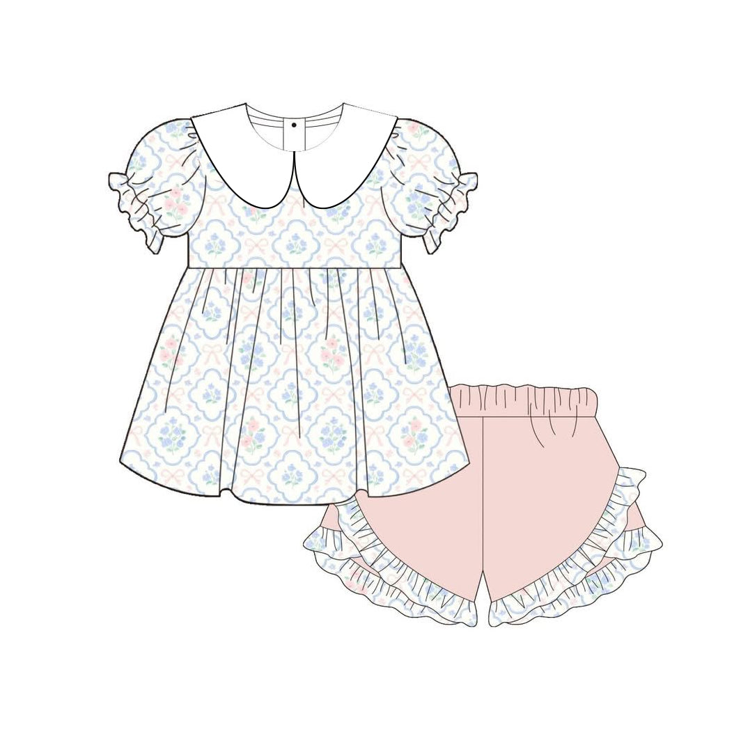 preorder GSSO3687 Flowers Short Sleeve Pink Shorts Girls Set