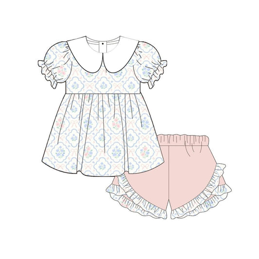 preorder GSSO3687 Flowers Short Sleeve Pink Shorts Girls Set