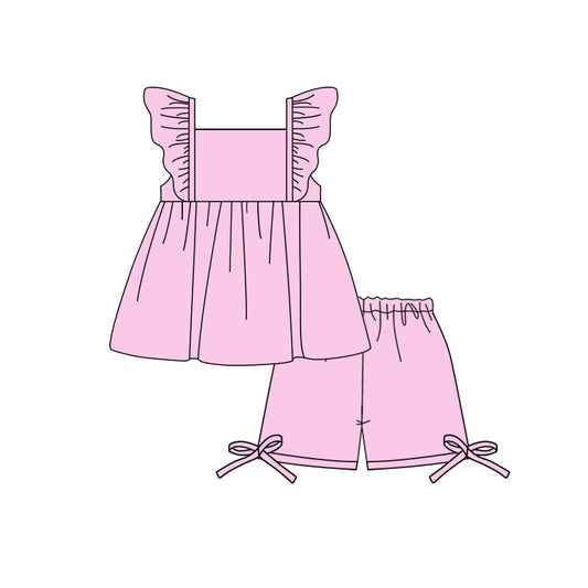 preorder GSSO3689 Pink Flutter Sleeve Shorts Girls Set