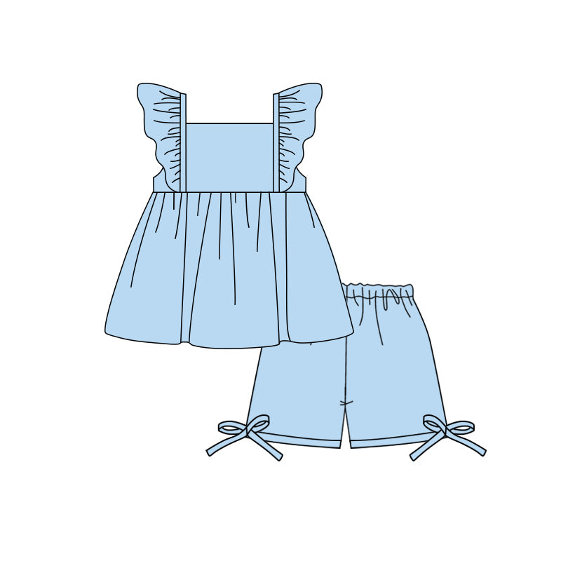 preorder GSSO3692 Blue Flutter Sleeve Shorts Girls Set