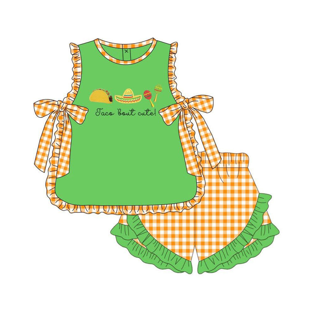 preorder GSSO3694 Taco Tuesday Green Sleeveless Checkered Shorts Girls Set