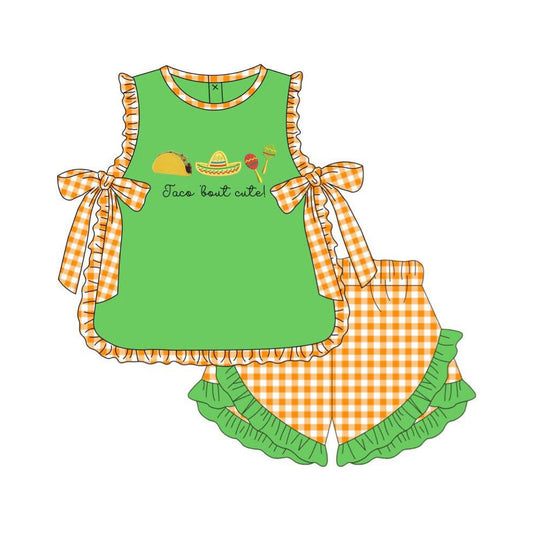preorder GSSO3694 Taco Tuesday Green Sleeveless Checkered Shorts Girls Set