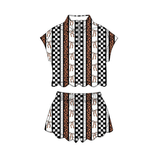 preorder GSSO3695 Scallop Bows Leopard Checkered Zipper Short Sleeve Shorts Girls Set