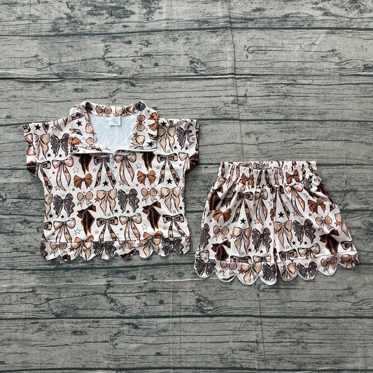 preorder Samples GSSO3696 Scallop Bows Zipper Short Sleeve Shorts Girls Set