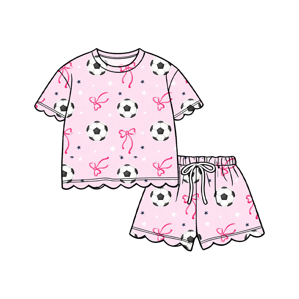 preorder GSSO3698 Scallop Soccer Bows Short Sleeve Pink Shorts Girls Set