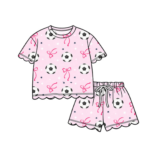 preorder GSSO3698 Scallop Soccer Bows Short Sleeve Pink Shorts Girls Set