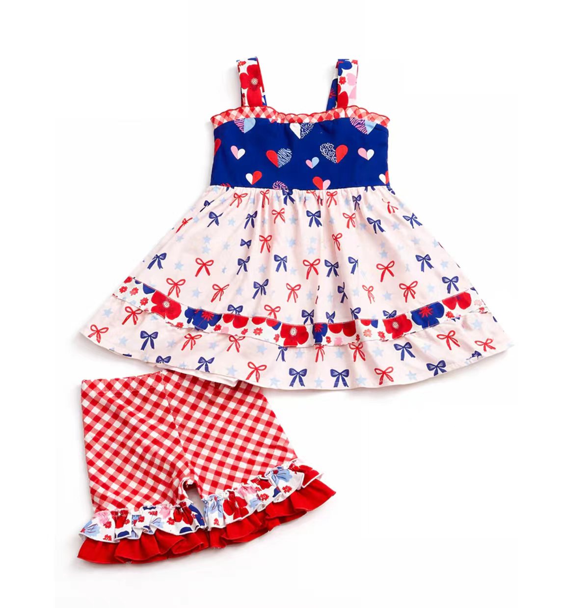 preorder GSSO3700 July 4th Heart Bows Sleeveless Shorts Girls Set