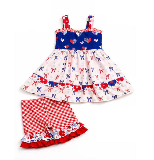 preorder GSSO3700 July 4th Heart Bows Sleeveless Shorts Girls Set