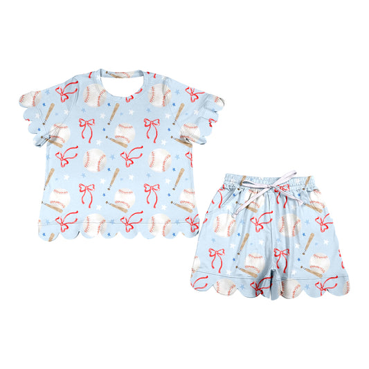 preorder GSSO3704 Scallop Baseball Bows Short Sleeve Shorts Adult Women Set