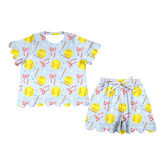 preorder GSSO3705 Scallop Softball Bows Short Sleeve Shorts Adult Women Set