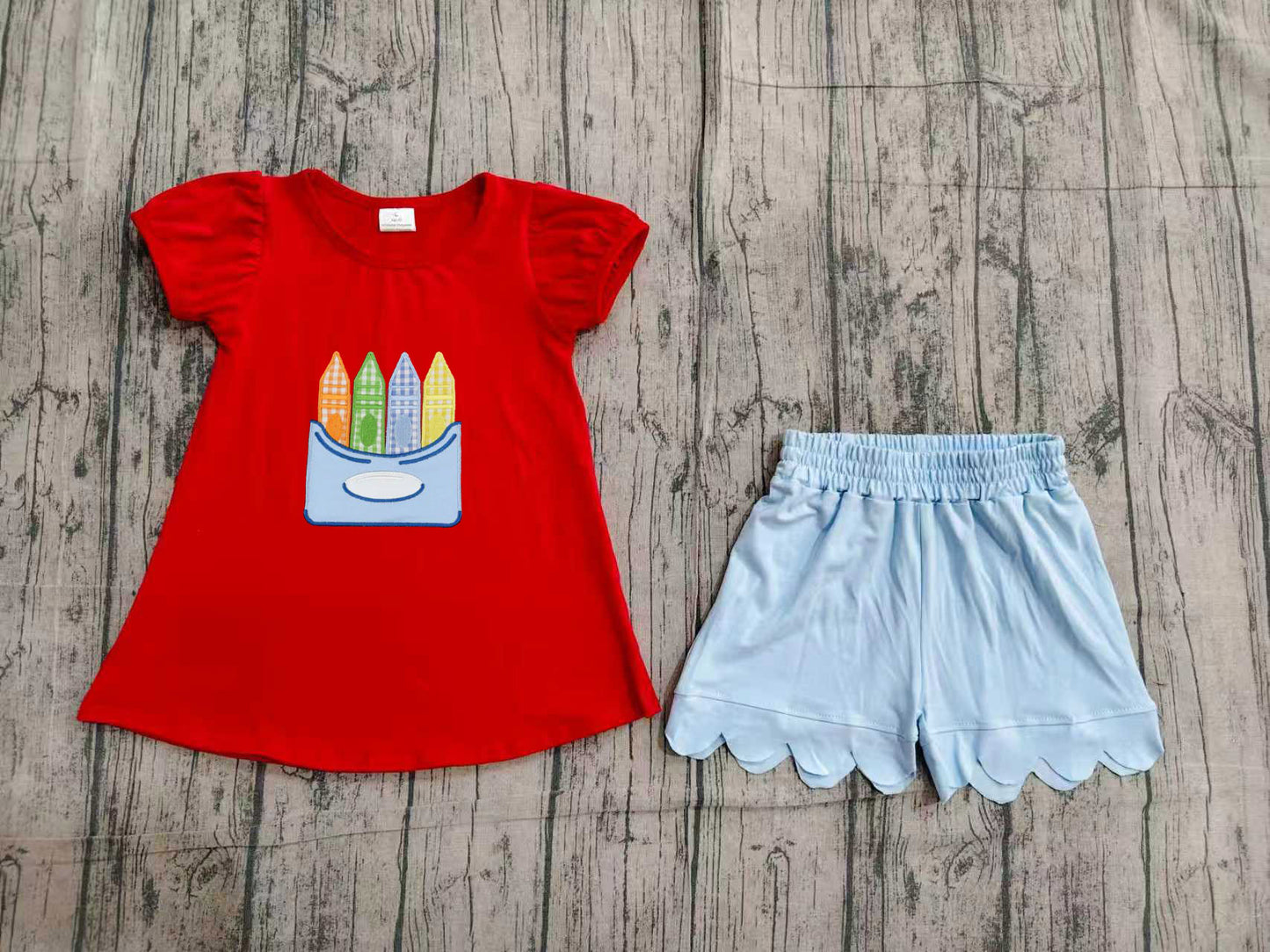 preorder Samples GSSO3727 Back To School Pen Red Short Sleeve Blue Shorts Girls Set
