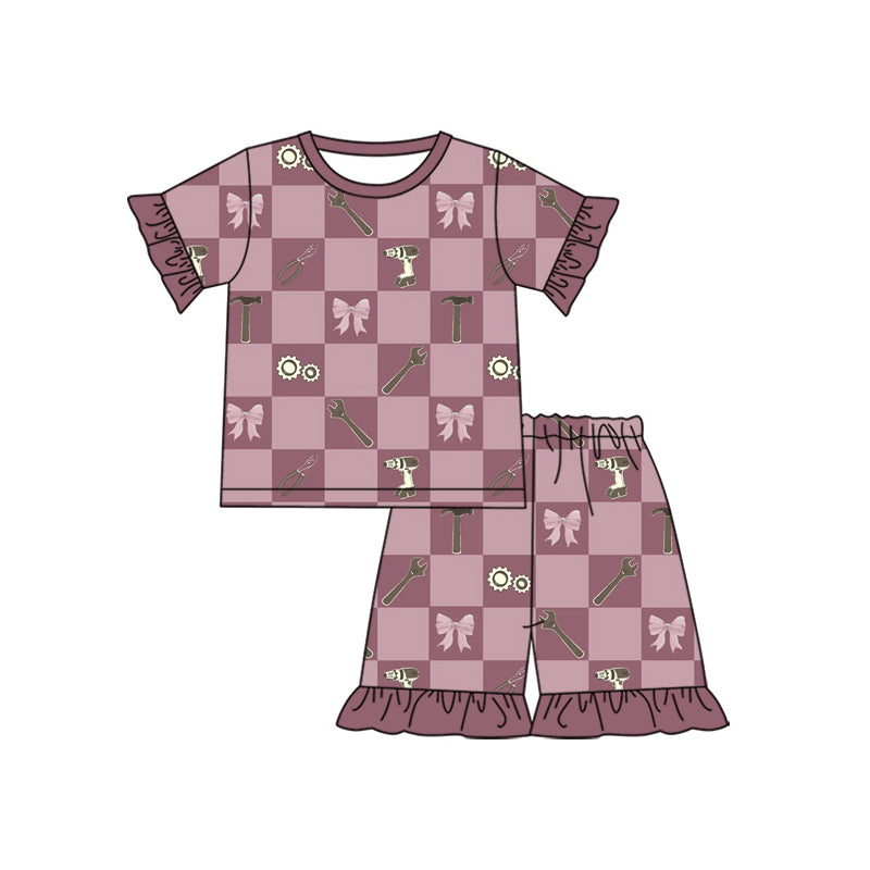preorder GSSO3736 Cartoon Tool Bows Pink Checkered Short Sleeve Shorts Boys Set