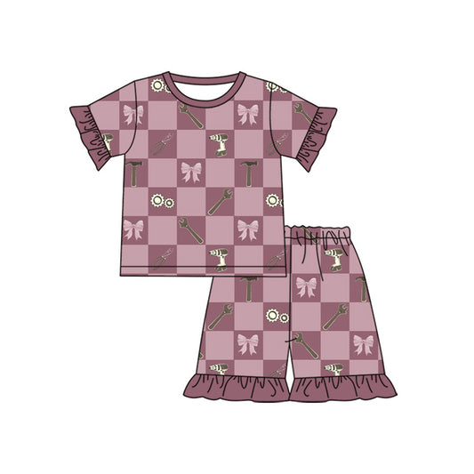 preorder GSSO3736 Cartoon Tool Bows Pink Checkered Short Sleeve Shorts Boys Set