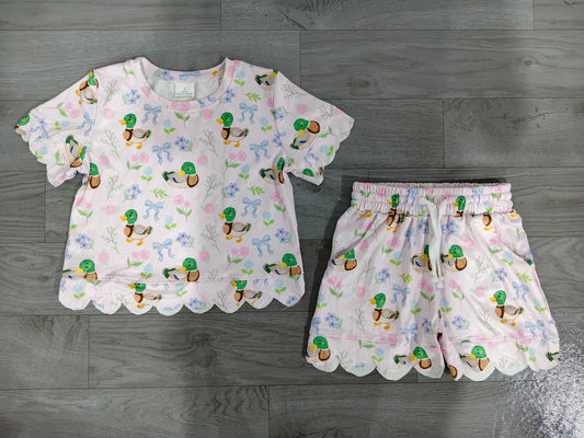 preorder Samples GSSO3737 Scallop Mallard Duck Bows Short Sleeve Shorts Girls Set