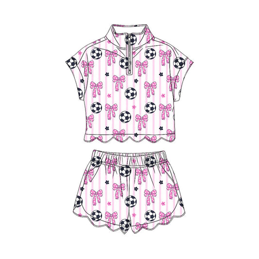 preorder GSSO3753 Soccer Bows Pink Zipper Short Sleeve Shorts Girls Set