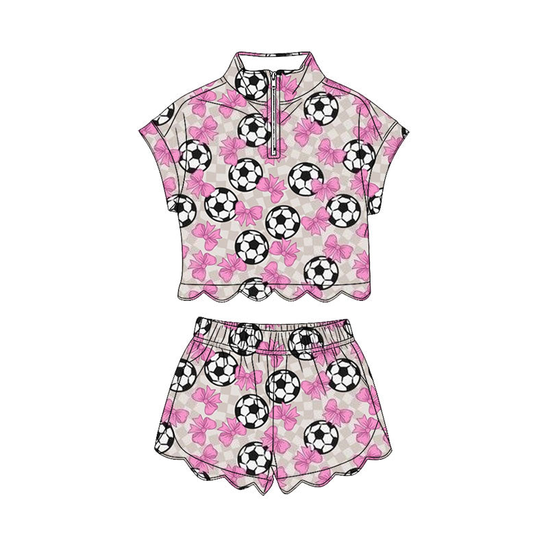 preorder GSSO3754 Soccer Bows Pink Zipper Short Sleeve Shorts Girls Set