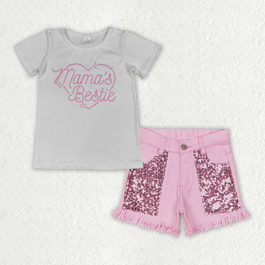GSSO3756 Mama's Bestie Short Sleeve Pink Sequin Jeans Girls Set GT1565+SS0230