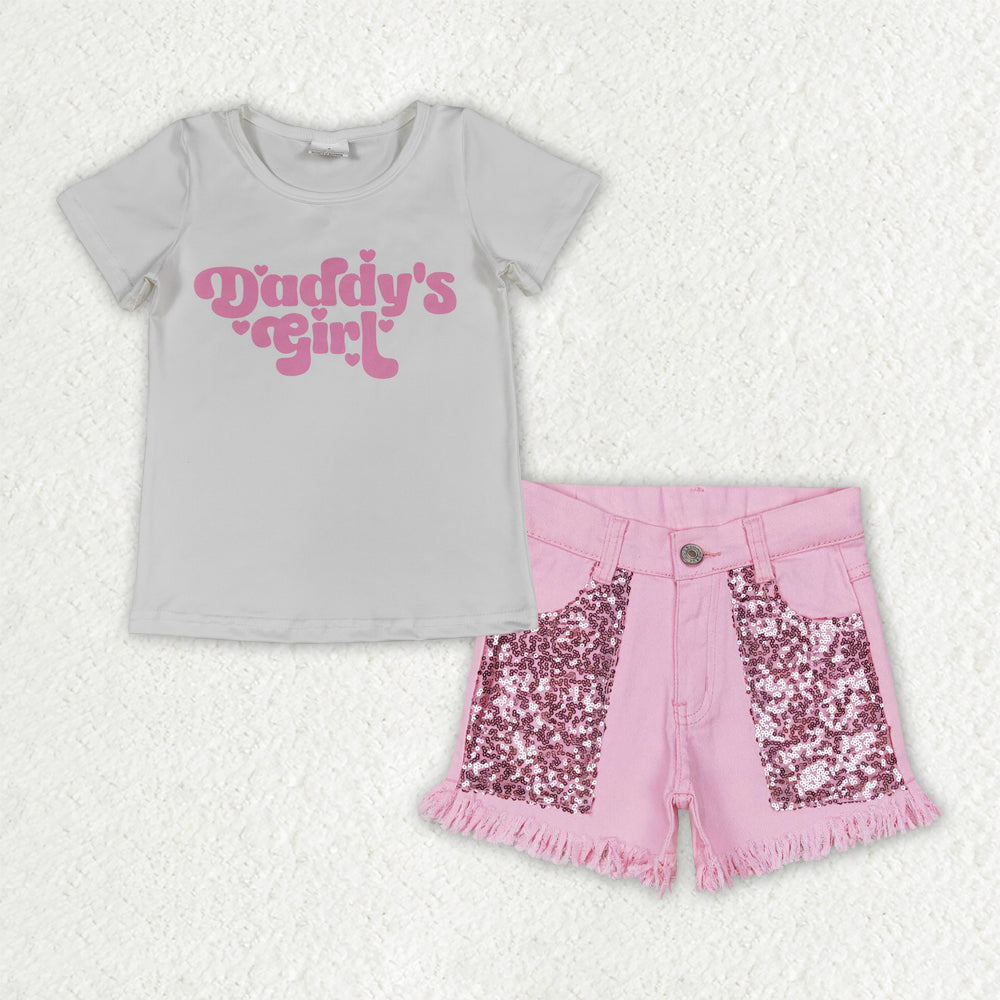GSSO3757 Daddy's Girl Short Sleeve Pink Sequin Jeans Girls Set GT1566+SS0230
