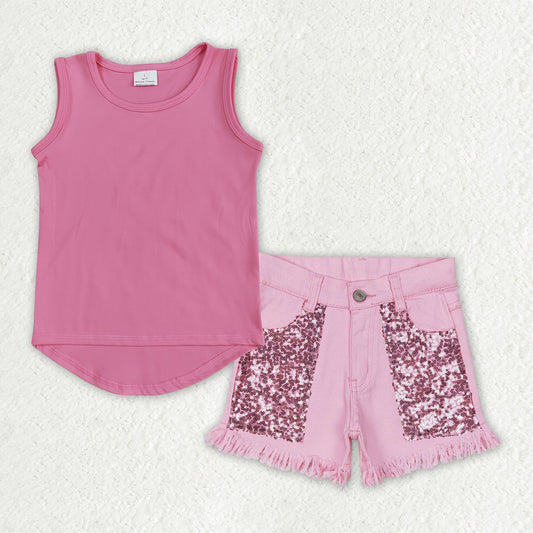 GSSO3758 Yoga Hot Pink Sleeveless Pink Sequin Jeans Girls Set GT0983+SS0230