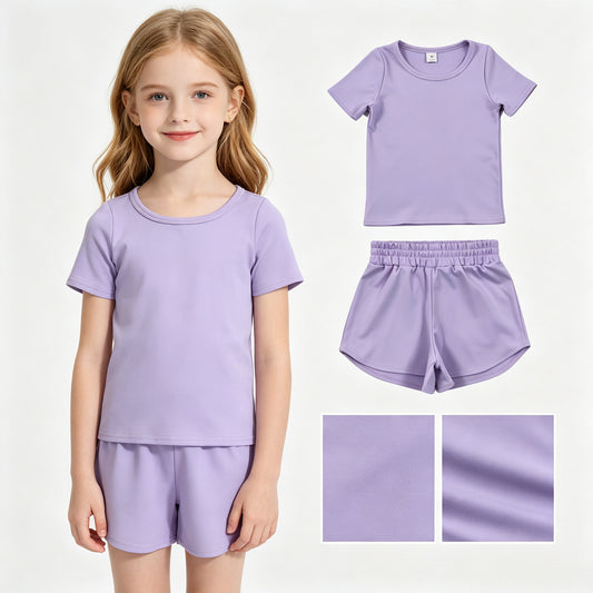 GSSO3759 Yoga Purple Short Sleeve Shorts Girls Set