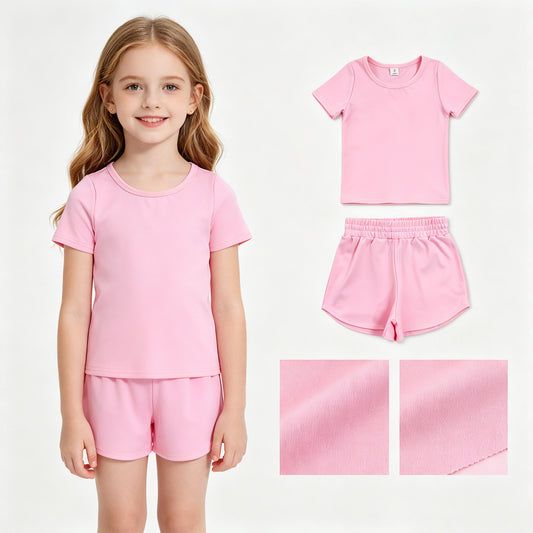 GSSO3761 Yoga Pink Short Sleeve Shorts Girls Set