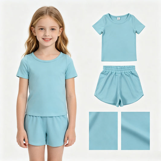 GSSO3762 Yoga Blue Short Sleeve Shorts Girls Set