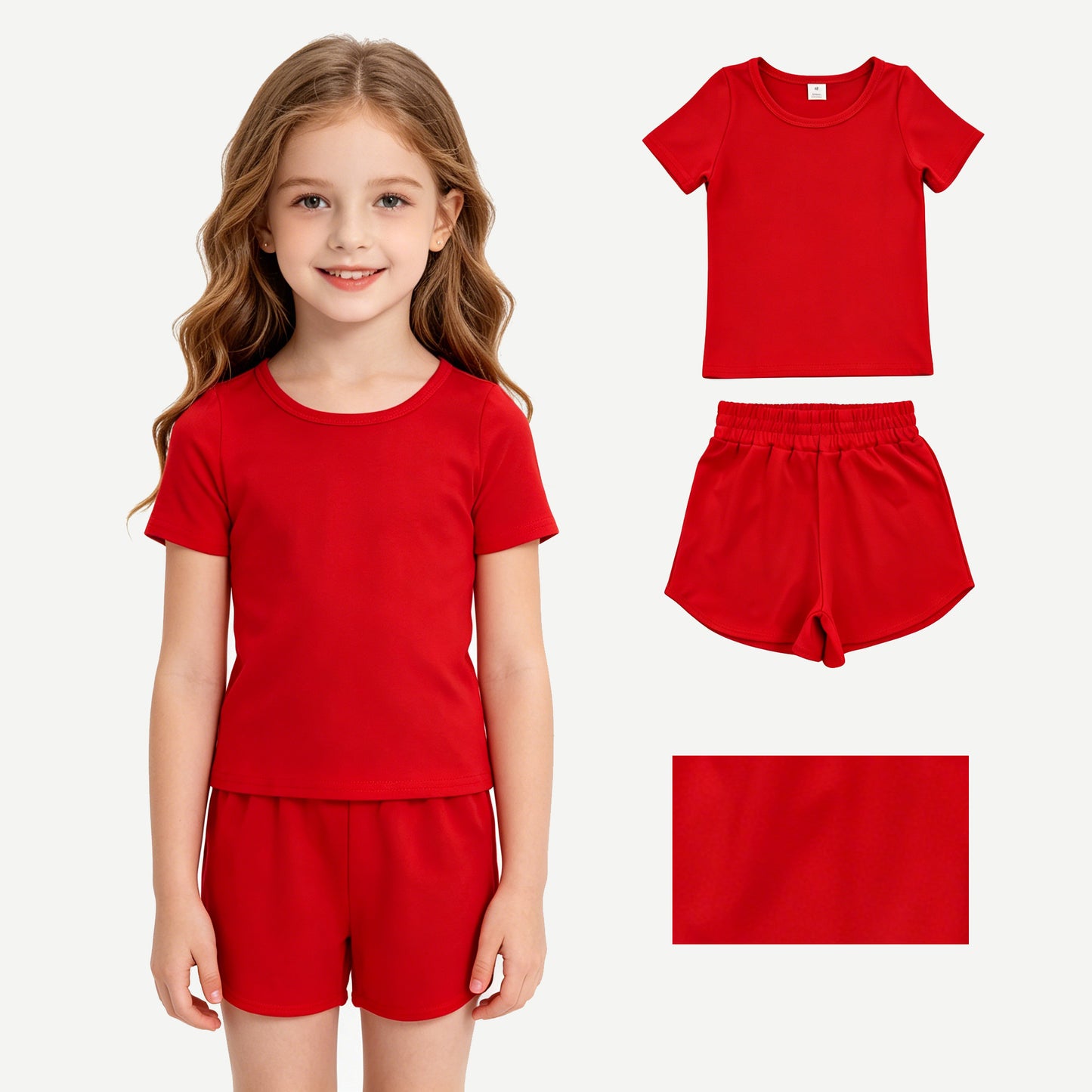 GSSO3765 Yoga Red Short Sleeve Shorts Girls Set