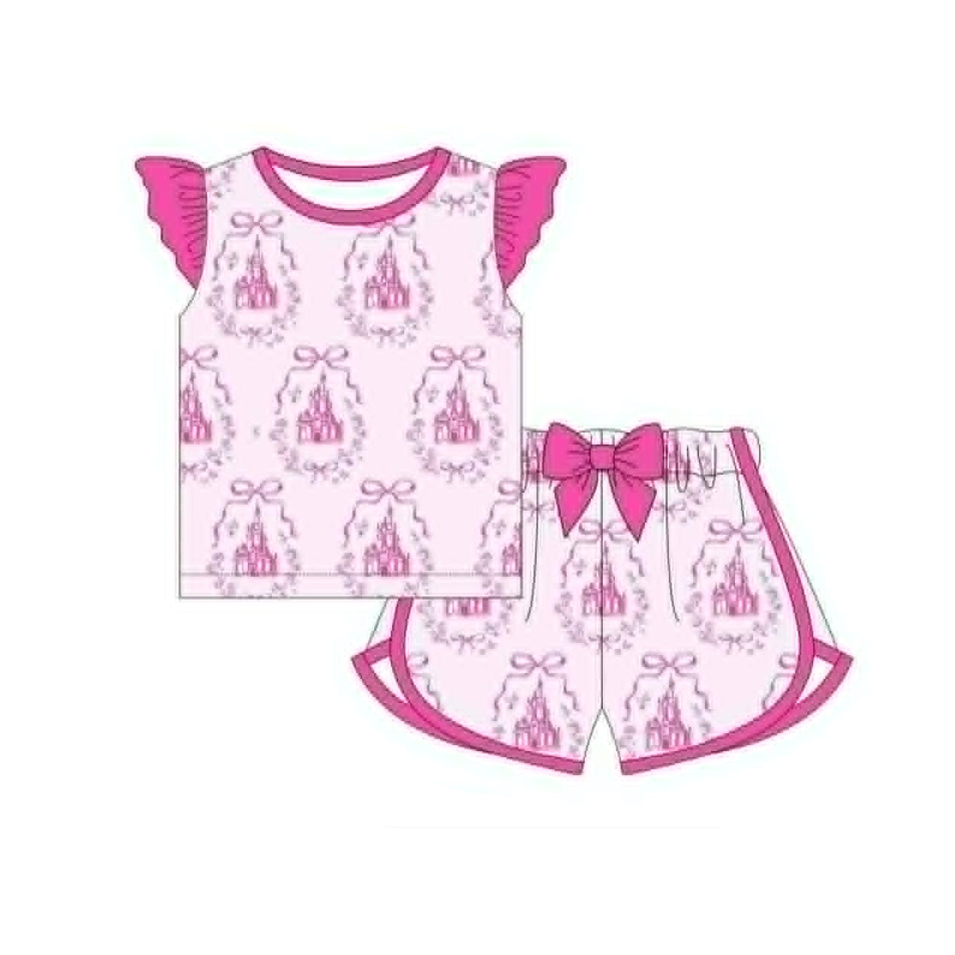 preorder GSSO3773 Pink Castle Bows Flutter Sleeve Shorts Girls Set