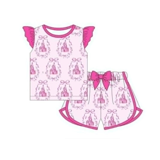 preorder GSSO3773 Pink Castle Bows Flutter Sleeve Shorts Girls Set